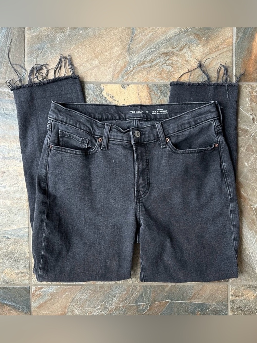 Old Navy High Rise OG Straight Jeans Women's Size 12 Black Raw Hem